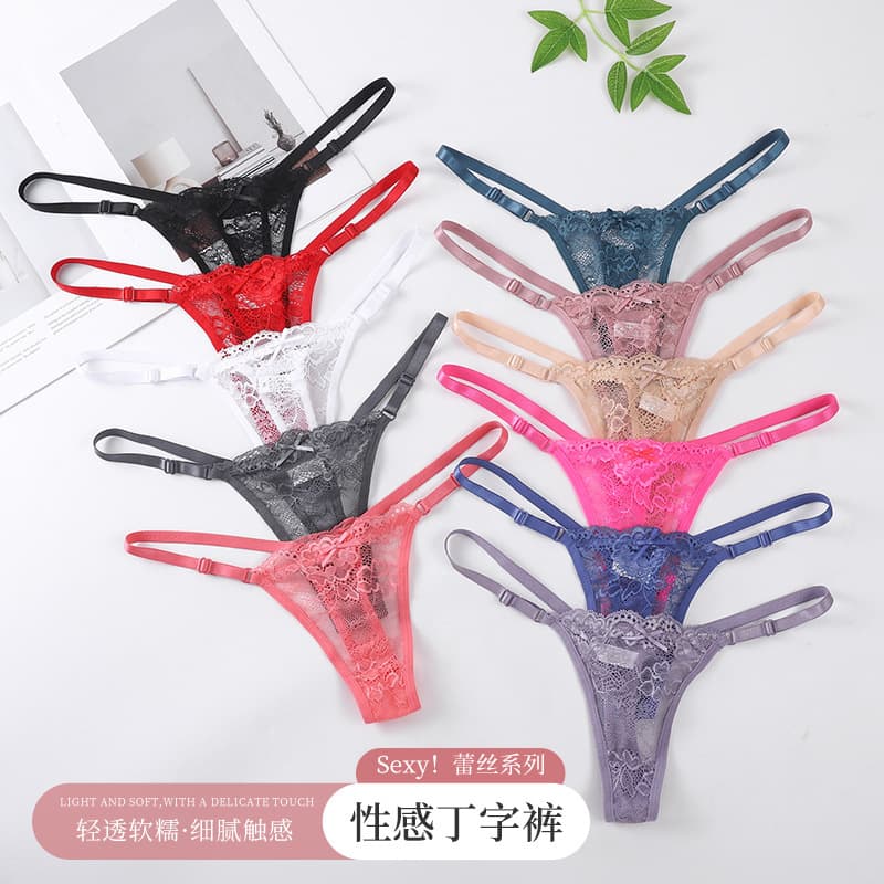 French sexy hollow lace women's thong waistband with adjustable buckle, low waist, comfortable butt lift, cross-border foreign trade pants