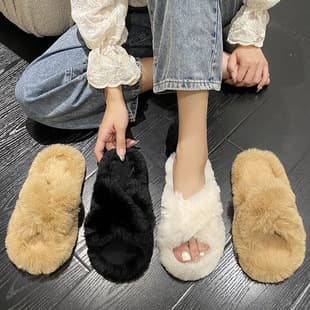 Trending Cross Fluffy Slippers for Women Winter Indoor Home Wear Plush Cotton Slippers House Shoes