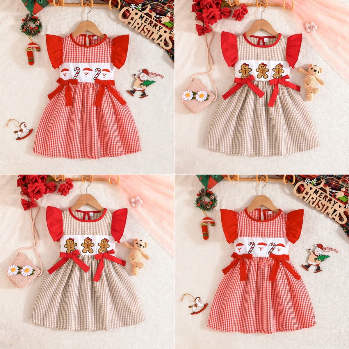 Cross-border exclusive girls' Christmas plaid dress with lace cuffs