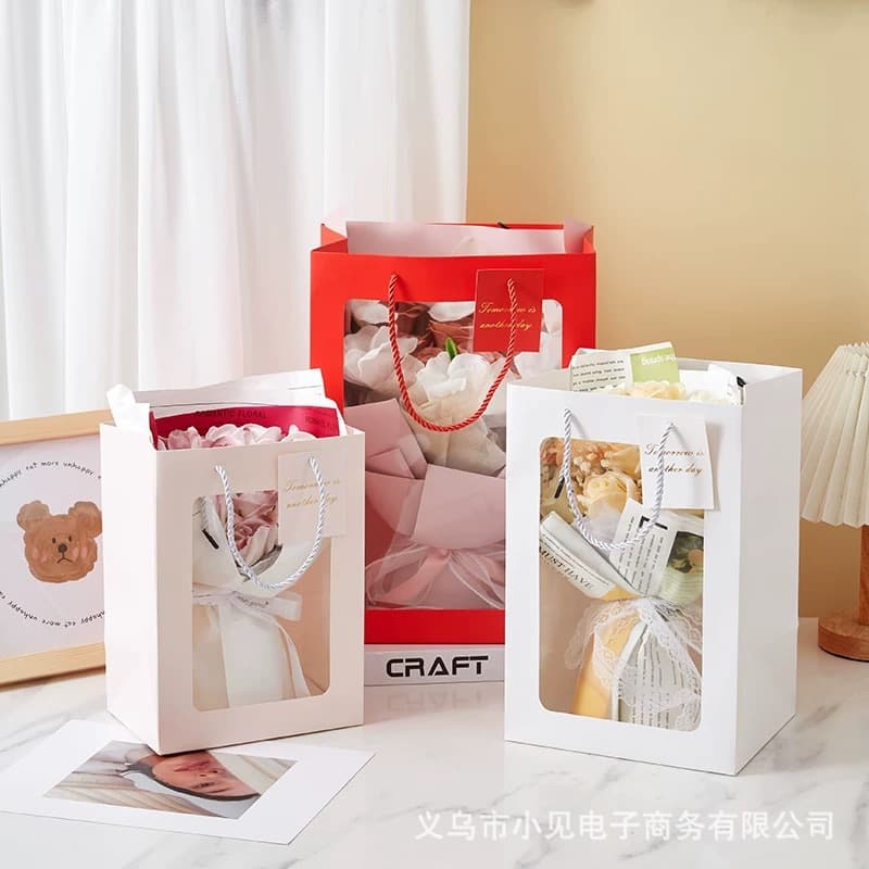Transparent Gift Bags for Mother's Day And Valentine's Day Floral Packaging Bags Window Display Bags Red Pink White Handheld Bags