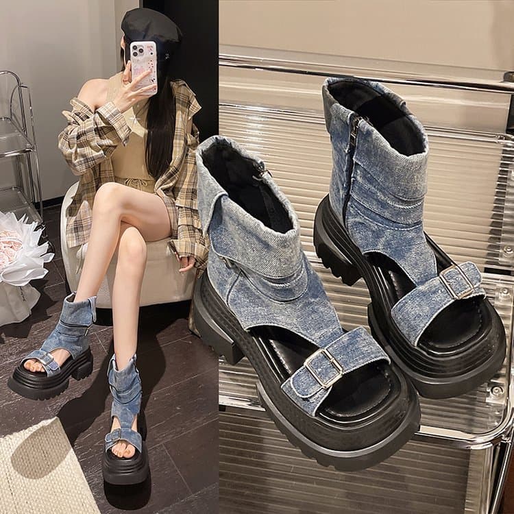 Vintage Casual Denim Silver Buckle Thick Sole Sandals for Women Summer Heightening Comfortable Non-Fatigue Women's Sandals