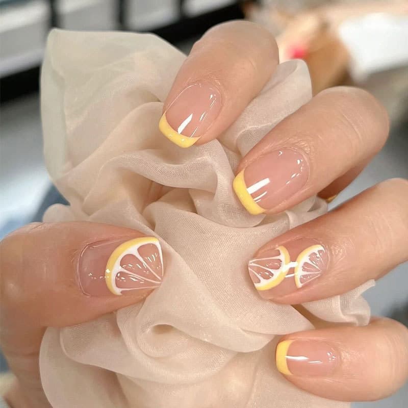 Yellow Lemon Soda French Press-On Nails Whitening Nail Stickers Wearable Manicure False Nails Factory Wholesale
