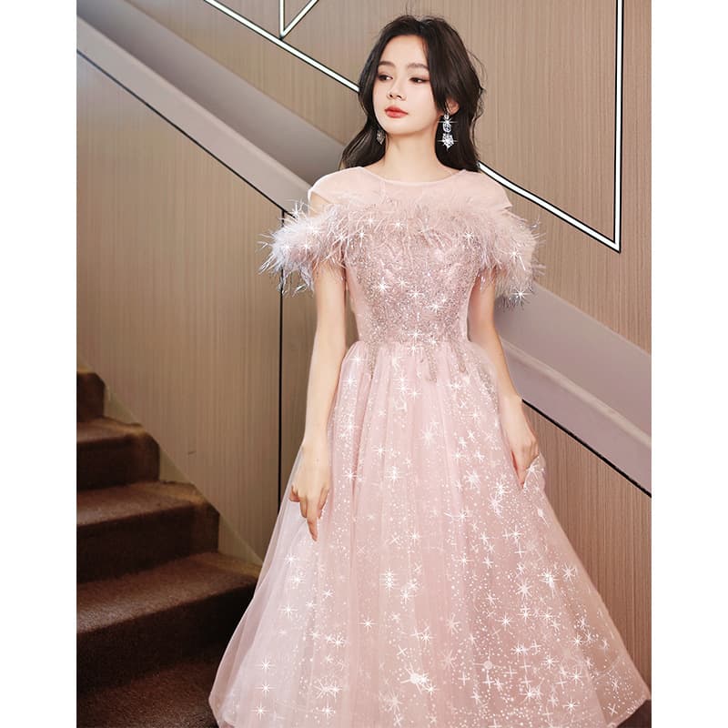 Evening dress for women spring light luxury high-end pink wedding dress art test host 18-year-old girl coming of age ceremony starry sky princess dress