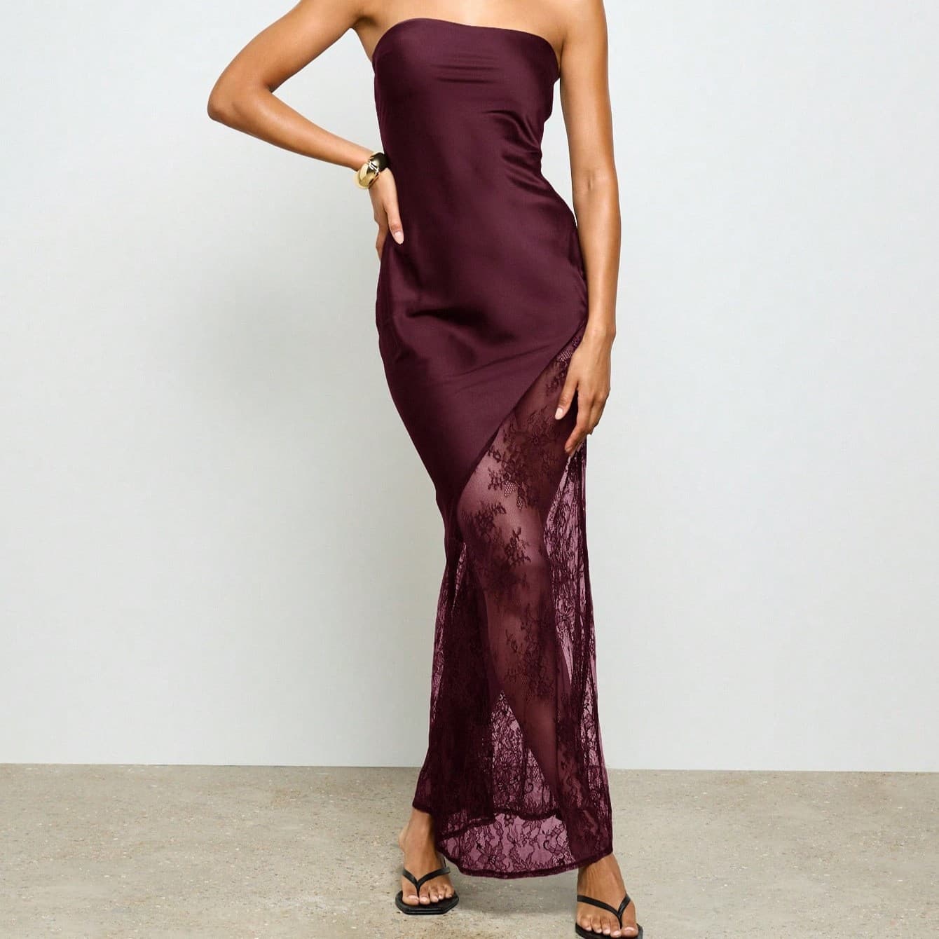 2026 Summer New Arrival Evening Dress Strapless Satin Lace Patch High Slit Long Dress Sexy Slimming