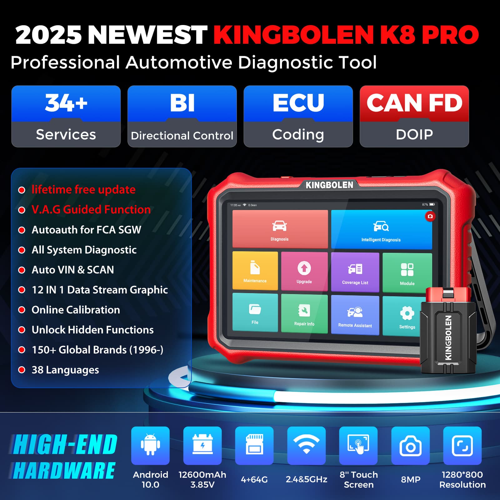 K8 PRO Car Fault Detector OBD Diagnostic Supports CANFD Multilingual Configuration Bluetooth Version Free Updates