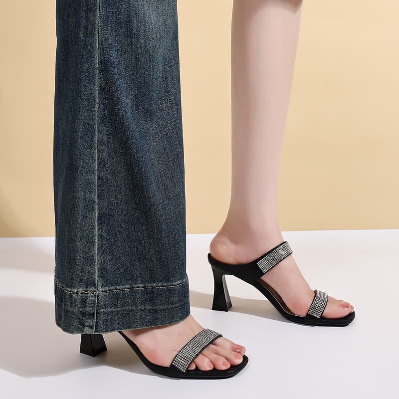 2026 New Rhinestone Chunky Heel Sandals for Women Summer Square Toe High Heel Slide Fashion Versatile Slippers