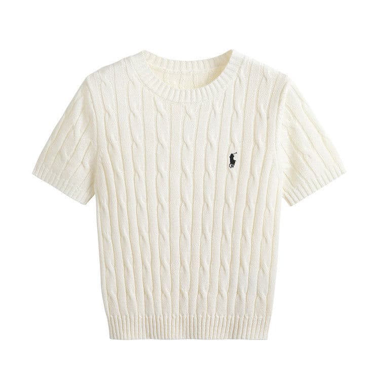 Cable Knit Preppy Short Sleeve Knit Top for Women Summer 2025 Embroidered Fitted Round Neck T-Shirt with Small Horse Slimming Design