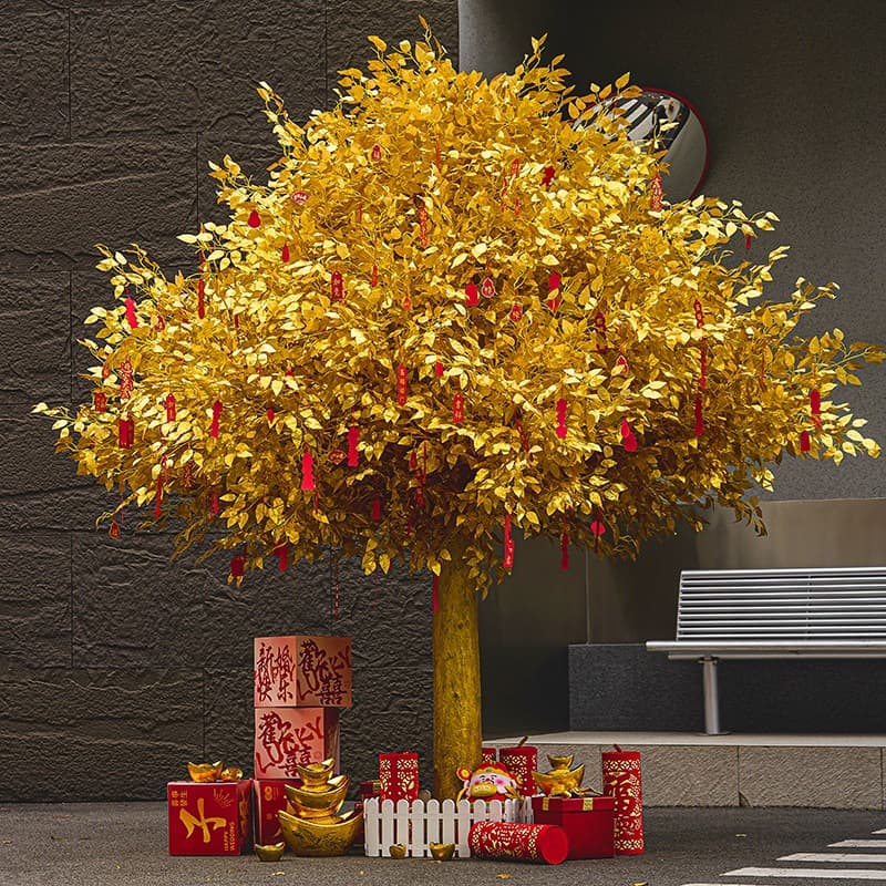 Eco-Friendly Artificial Golden Banyan Tree Internet-Famous Wishing Tree Large Fake Tree Money Tree New Year Red Envelope Tree Mall Hotel Decoration
