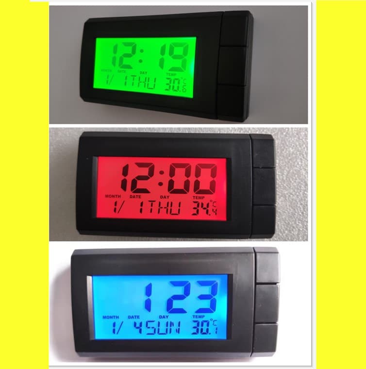 Car clock with temperature detection, electronic calendar display, and luminous thermometer feature
