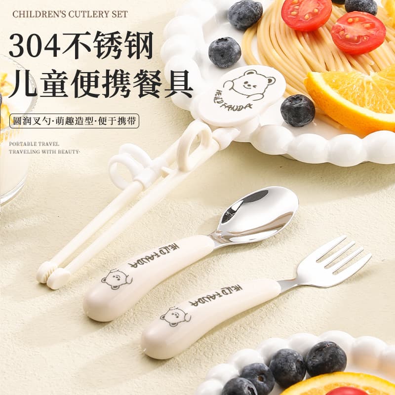Stainless Steel Kids Cartoon Home Dinner Plate Cute Baby Food Tableware Set with Spoon, Fork, and Learning Chopsticks