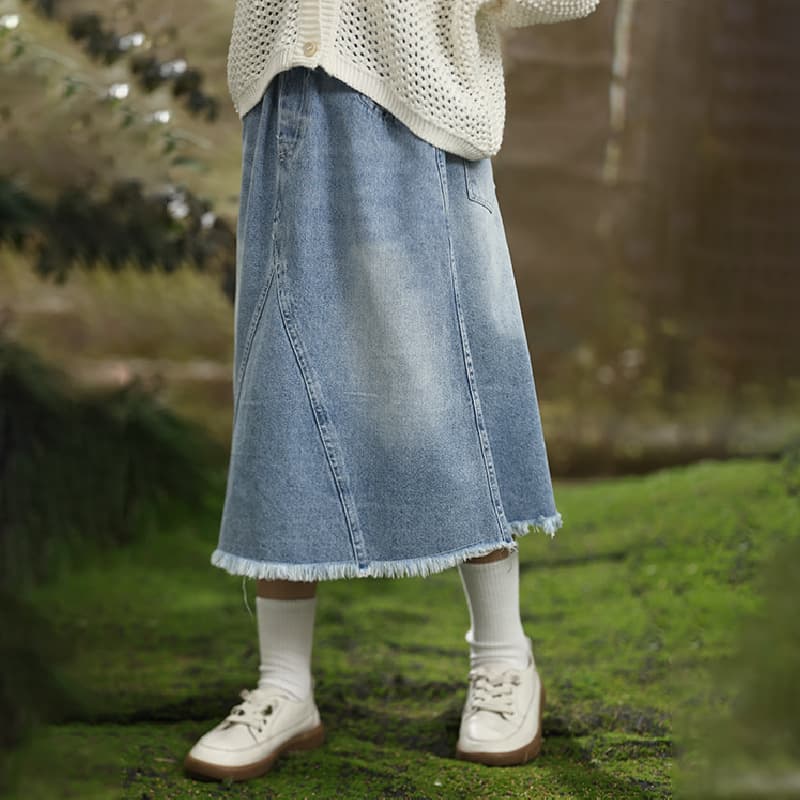 Girls Denim Skirt with Frayed Hem Mid-Length Spring Autumn Cotton Sweet Style Children's Clothing for Ages 8 And Above