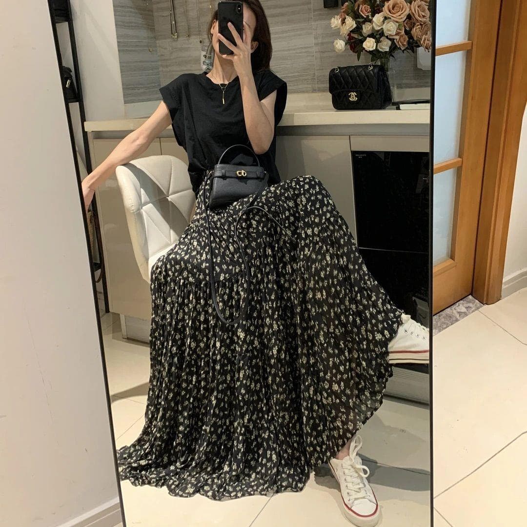 Chiffon Floral Cake Skirt 2026 Summer New High-Waist Fairy 6-Meter Flared A-Line Long Skirt