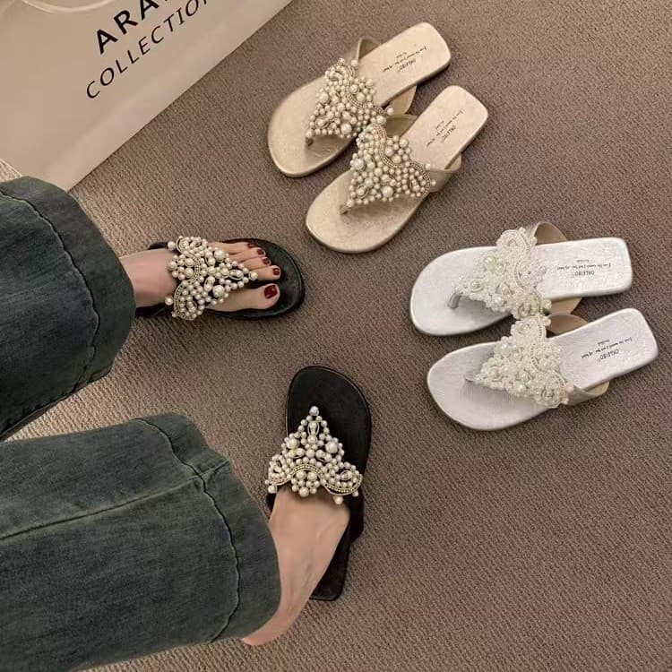 Bohemian Pearl Toe Post Sandals for Women Summer Retro Flip Flops Beach Shoes