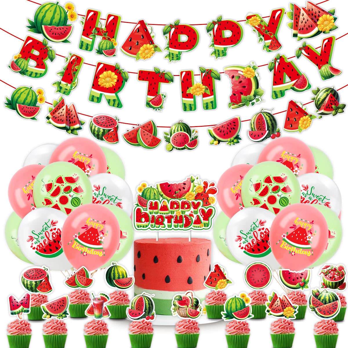 New Summer Watermelon Theme Birthday Party Decoration Watermelon Banner Cake Topper Balloon Set