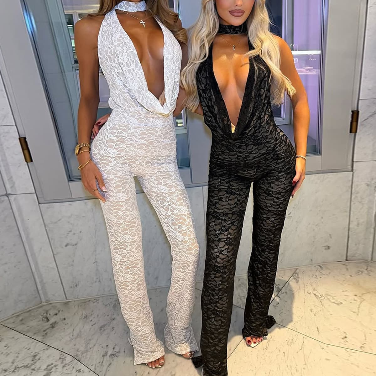 32821JBY cross-border 2025 autumn new sexy halterneck backless V-neck European and American lace jumpsuit for women