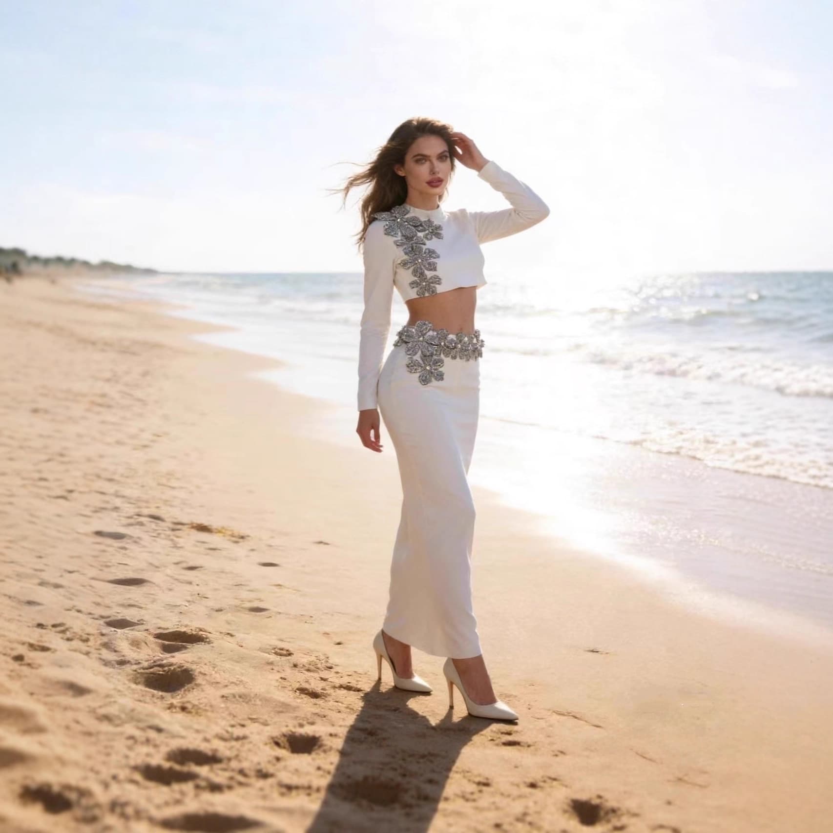 2025 European and American Cross-Border New Fashion Rhinestone Bandage Dress Set Long Sleeve Half High Neck Short Top Long Skirt