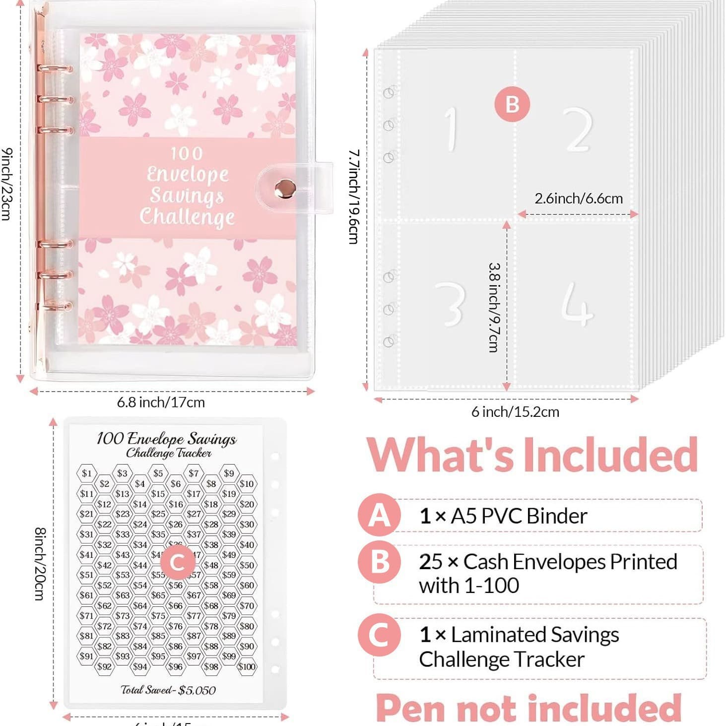100 Envelope Challenge Loose-Leaf Notebook 100-Day Money-Saving Challenge Cash Savings