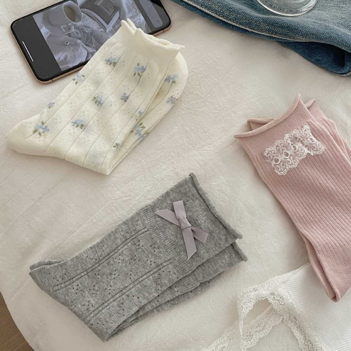 Lace Bow Flower Socks for Women, Summer Thin Cotton Socks, Lightweight and Breathable Ballet Style Miu Miu-Inspired Mid-Calf Socks