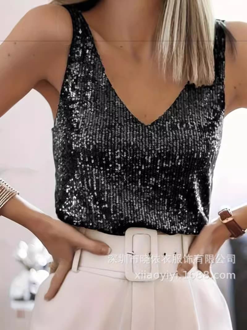 Amazon AliExpress Hot Selling Women's Sequin Summer V-Neck Vest Top