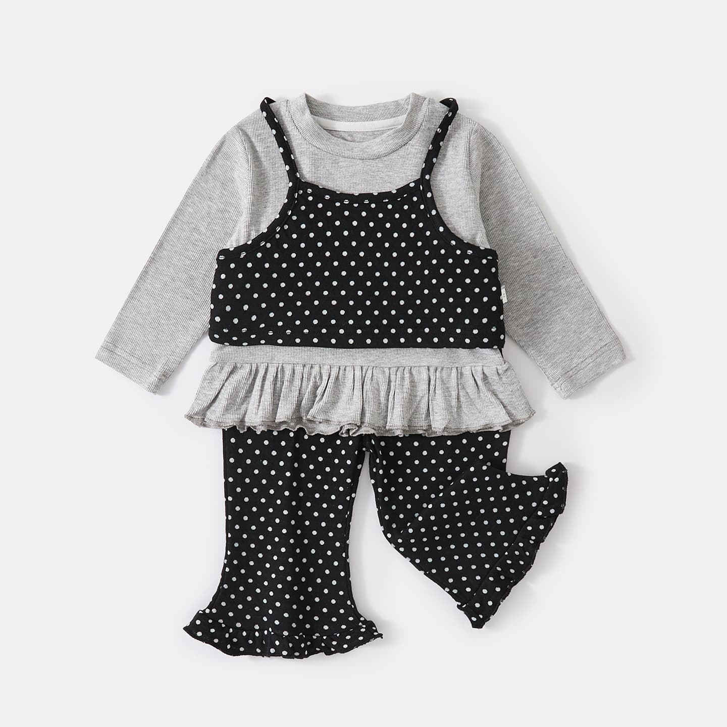 New autumn style for infants and young children, sweet fake two-piece polka-dot tops, baby girl's ear-trimmed slim-fit bell-bottoms two-piece set