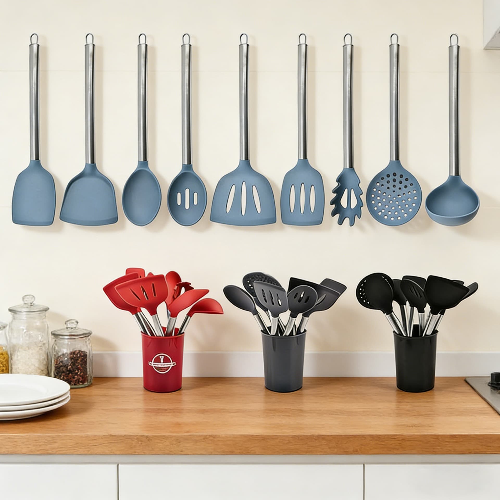 Stainless Steel Handle Kitchen Utensil Set Silicone Spatula Slotted Spoon Cooking Kitchen Silicone Kitchenware 10-Piece Set Kitchen Tools