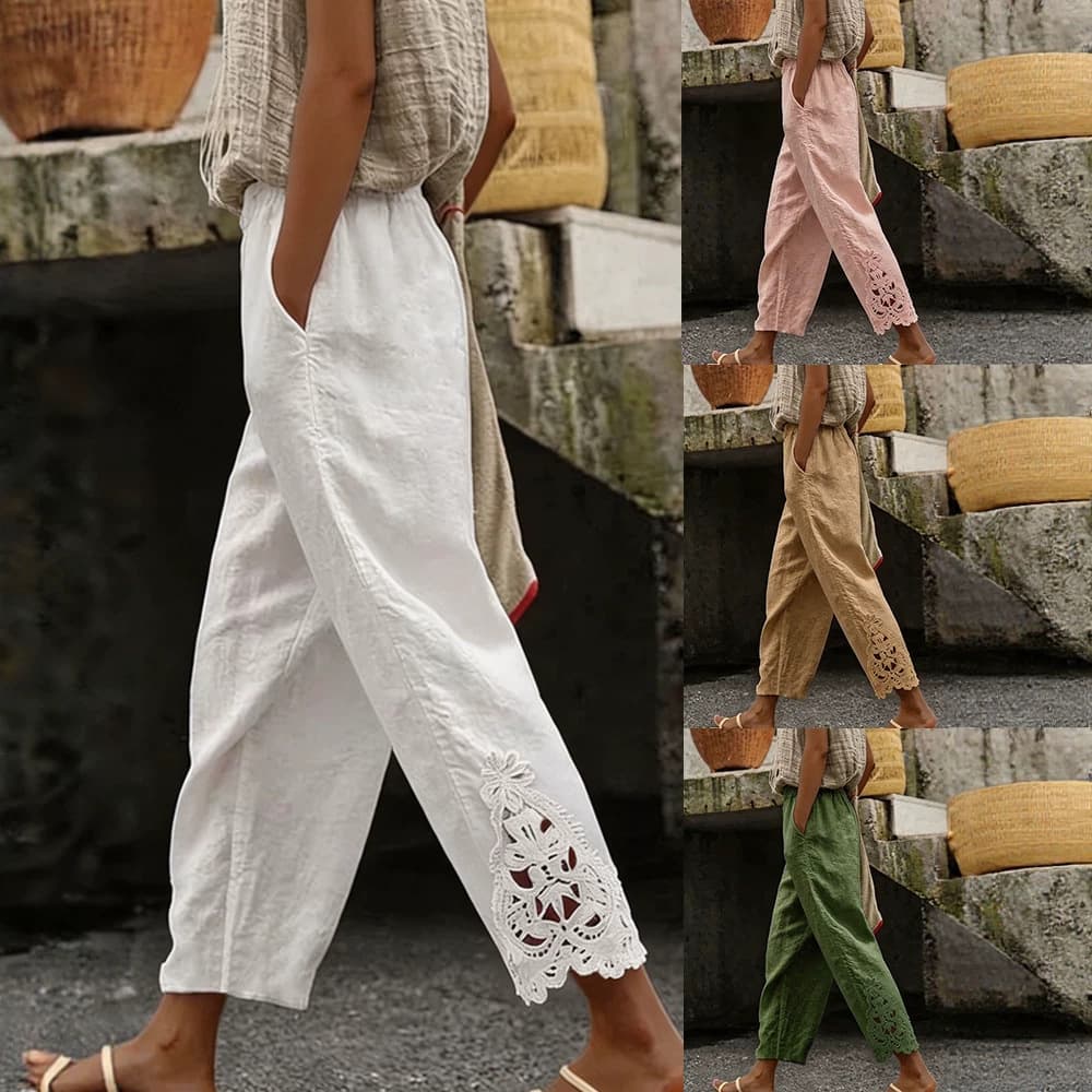 2026 Cross-Border Amazon Wish Independent Site Women's Cotton Linen Loose Solid Color Elastic Waist Lace Straight Casual Pants