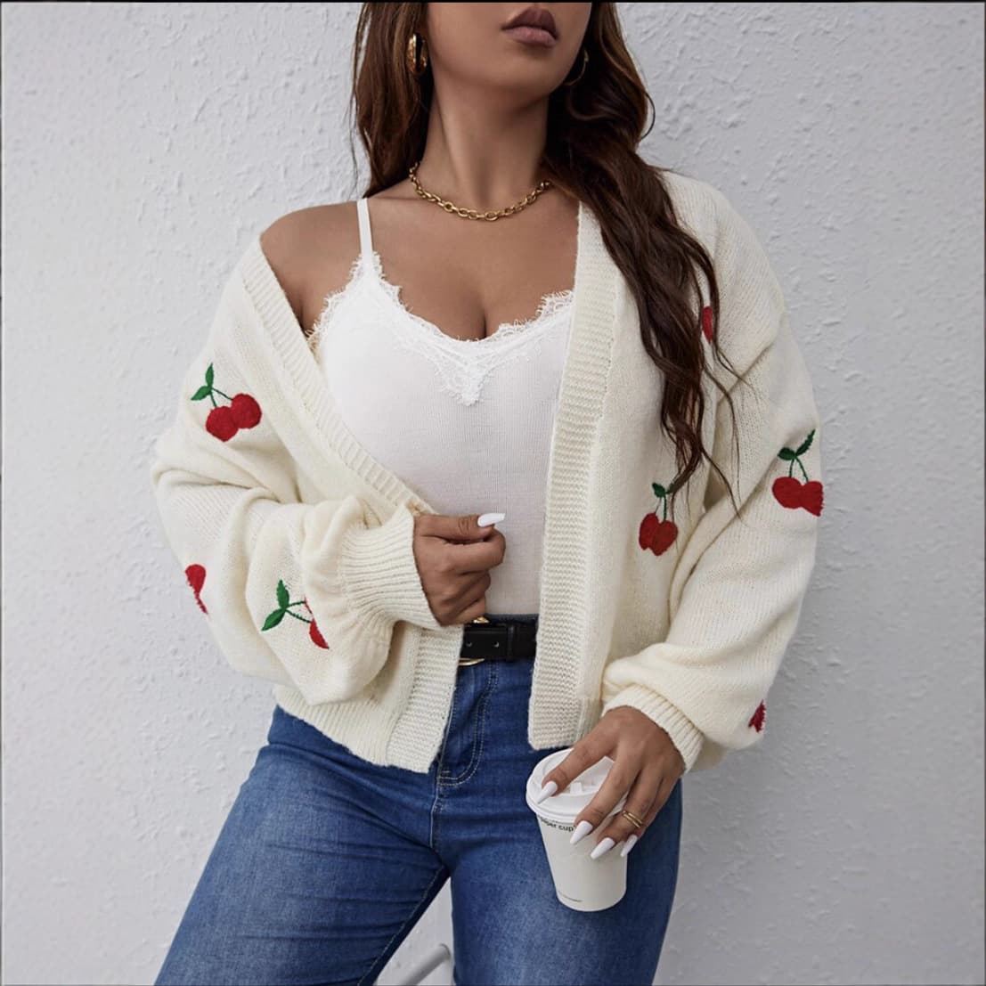 Cross-border Trade Europe and America Embroidered Short Knitted Cardigan Solid Color Fashion Sweater with Cherry Embroidery Outerwear for Women