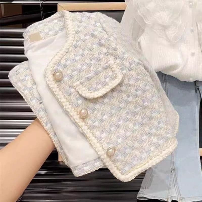 Girls' Tweed-Style Jacket, Collared Shirt and Flared Denim Pants 3-Piece Set, 2023 Fall New Arrival Baby Girl Outfit
