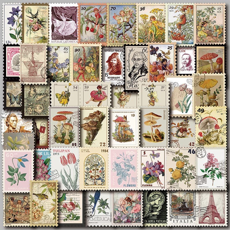 50 Stamp Effect Illustrations Journal Stickers Vintage Landscape Hand-Painted Oil Painting Style Scrapbook Stickers Girl Cane Stickers