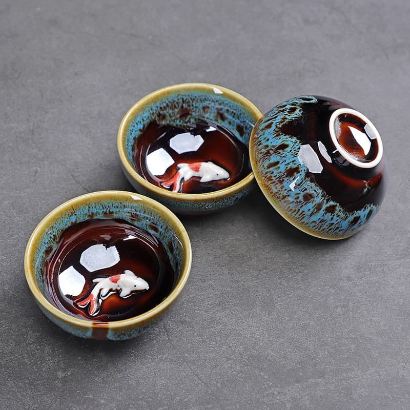 Kiln-transformed Glaze Koi Fish Cup Home Tea Cup Tea Tasting Cup Ceramic Drinking Small Cup Embossed Carp Master Cup