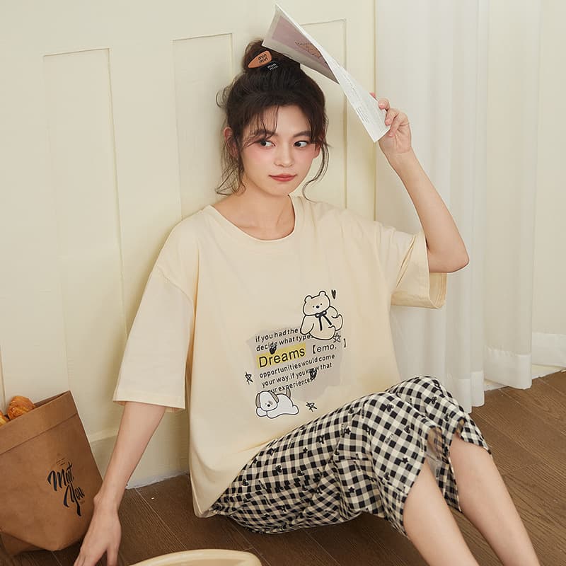 Pure Cotton Pajamas for Women, New Summer Style, Loose Casual Short-Sleeved Three-Quarter Pants, Women's Summer Thin Home Clothes That Can Be Worn Outside