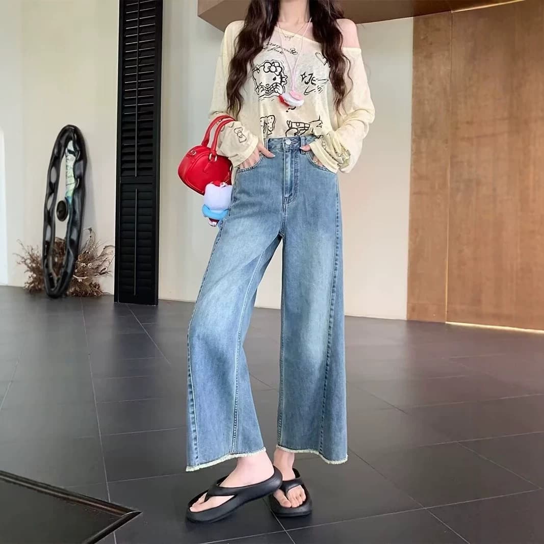 Retro 9/10 Length Jeans for Women Spring Summer New Slimming Plus Size Pear Shape Loose Petite Raw Hem Wide Leg Pants
