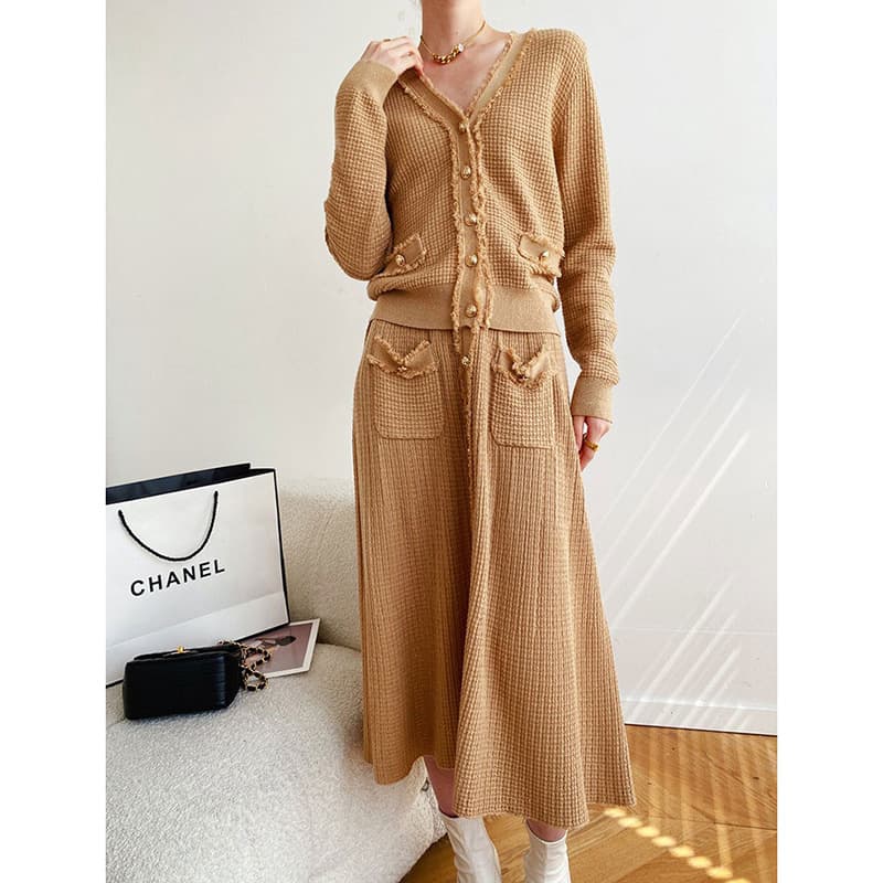 7065-3 Chanel-style Elegant Tassel Cardigan Set Skirt Autumn New Knit Skirt Two-Piece Set for Women