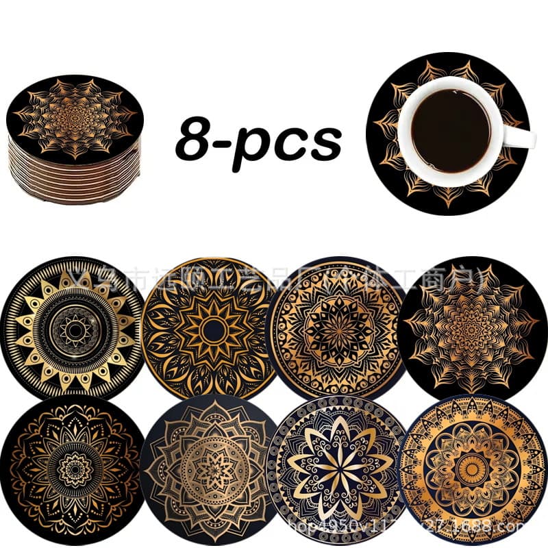 Cross-Border Hot Selling Mandala Pattern 8-Piece Set Black Gold Wooden Coasters Heat Insulation Anti-Scald Non-Slip Round Coffee Tea Cup Mat