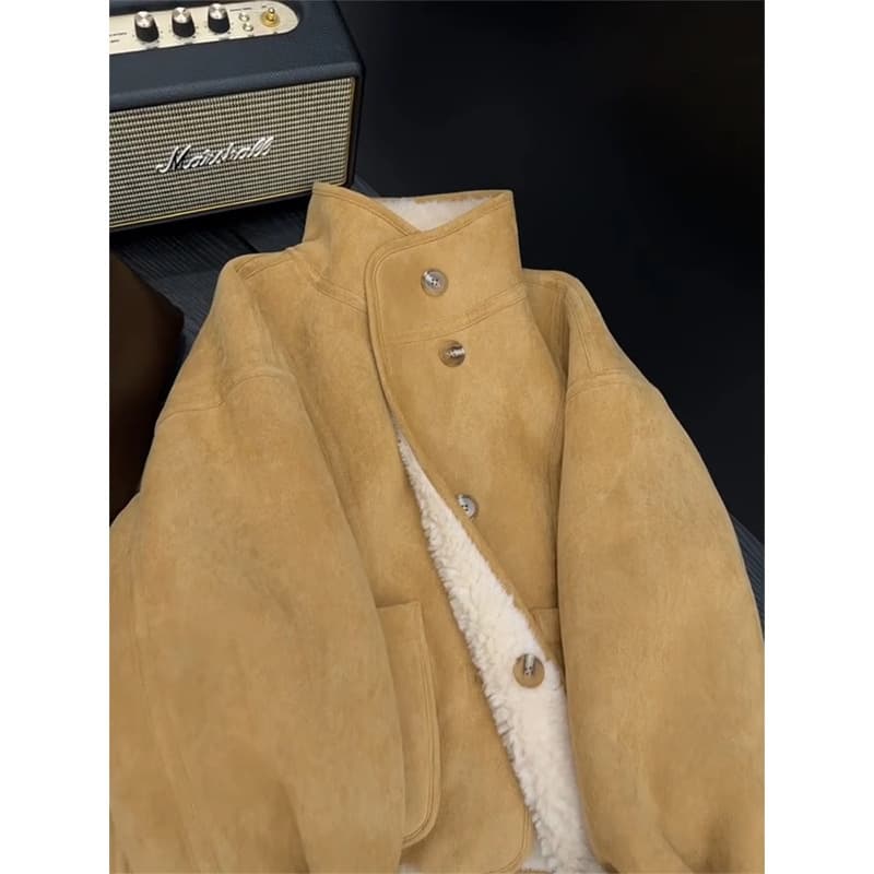 Women's autumn/winter shearling coat, new style, casual, flattering, versatile, thick fur coat, khaki spandex.