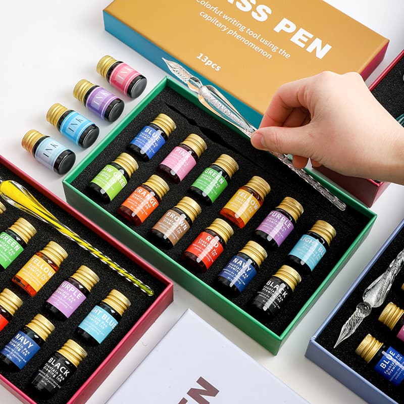 New Glass Pen Set 13-Piece Dip Pen Gift Box Stationery Fountain Pen Colored Ink Dip Pen Gift Pen