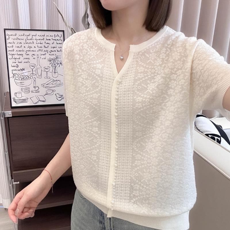 White ice silk knitted right shoulder short-sleeved T-shirt for women summer 2026 new design niche small man top round neck