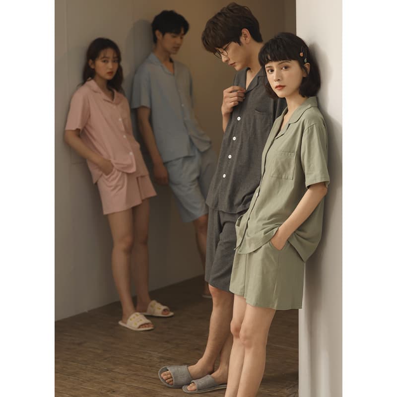 Couple Pajamas Women's Summer Cotton Thin Short Sleeve Shorts Men's Solid Color Cardigan Homewear Two-Piece Set