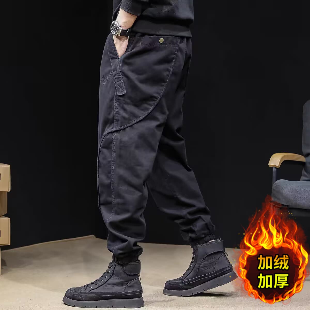 Fleece-Lined Cargo Pants Men's Trendy Brand Cuffed Autumn/Winter Style 2024 New Loose Plus Size Men's Casual Trousers