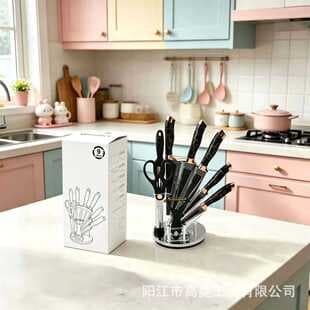 Factory Hot Selling Black Gold Marble Pattern Non-Stick Knife Set Nine-Piece Kitchen Chef Knife Full Set Rotating Knife Block