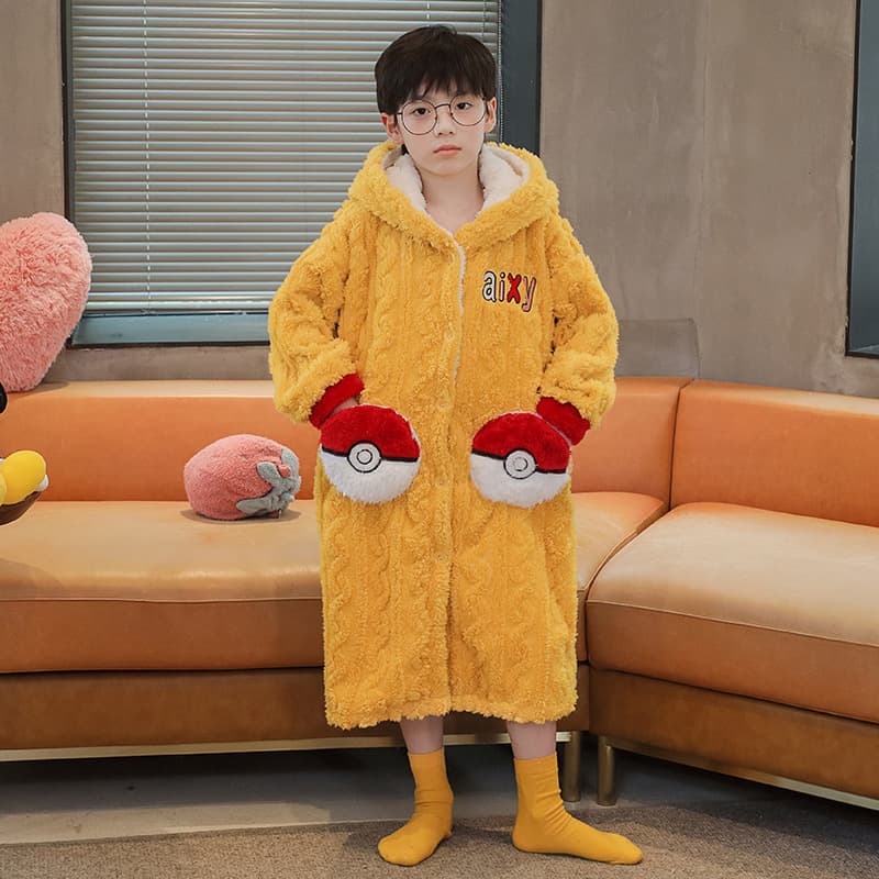Children's Pajamas 7 Autumn and Winter 9 Flannel Boys 13 Years Old Coral Fleece Bathrobe Big Kids Hooded Nightgown Homewear