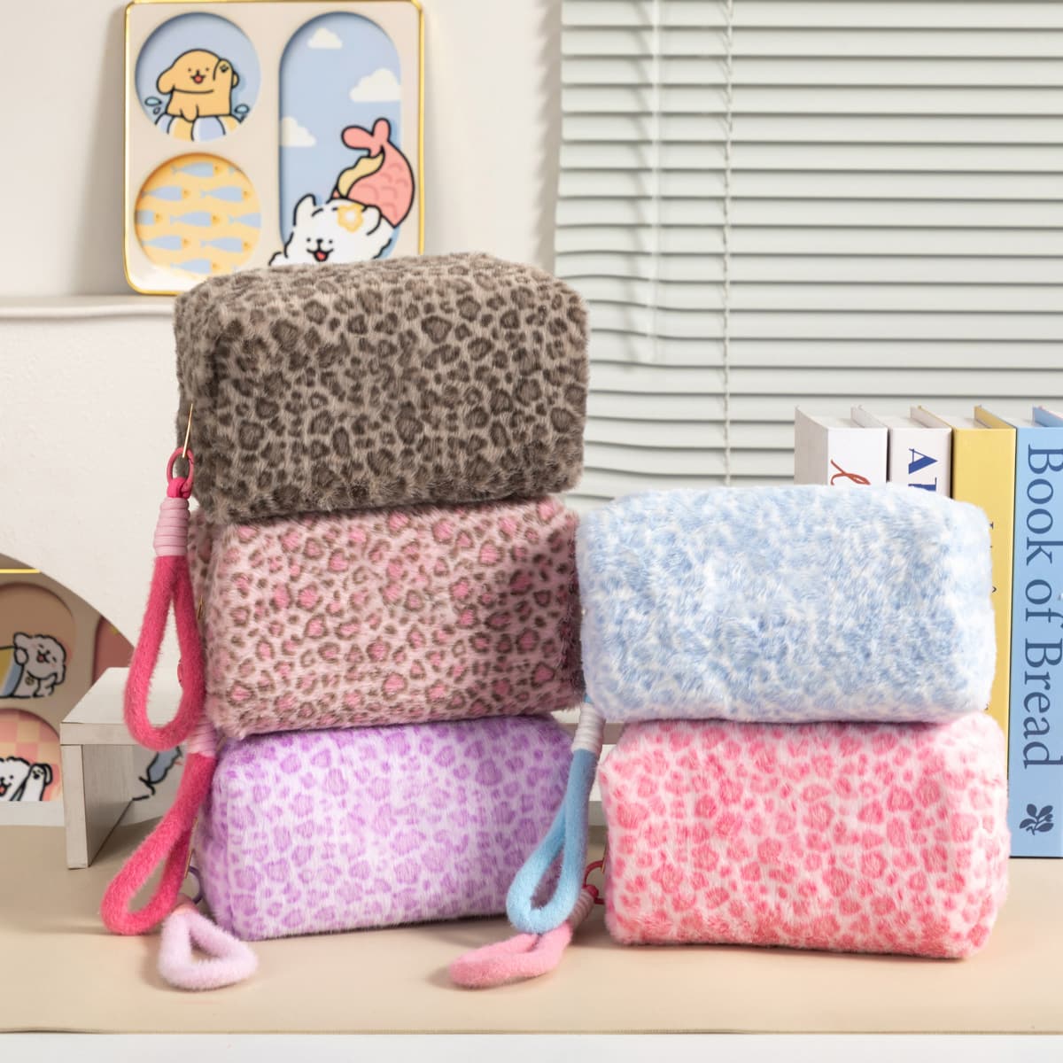 Cross-border Ins Style Leopard Print Makeup Bag Large Capacity Portable Plush Handbag Multi-functional Toiletry Bag Wholesale