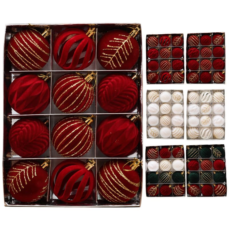 Cross-border Christmas Decoration Ball, Red Flocked Painted 6cm Velvet Ball, Christmas Tree Hanging Ornaments, 12 Pieces