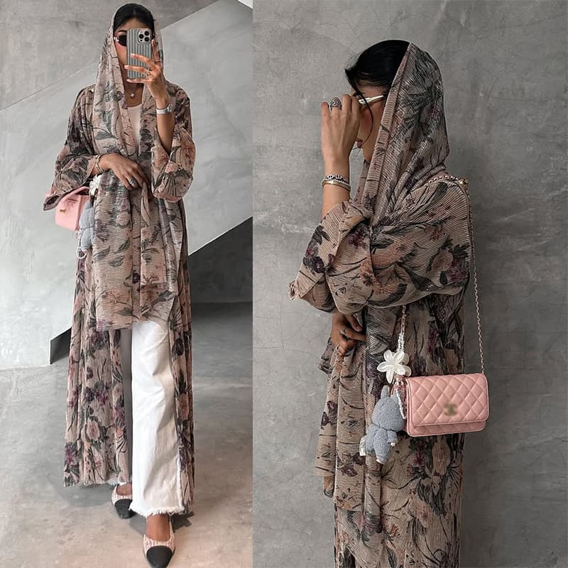 MQ231 Modest Middle East Women's Long Sleeve Print Open Cardigan Pleated Outerwear Muslim Robe Coat Elegant Chic
