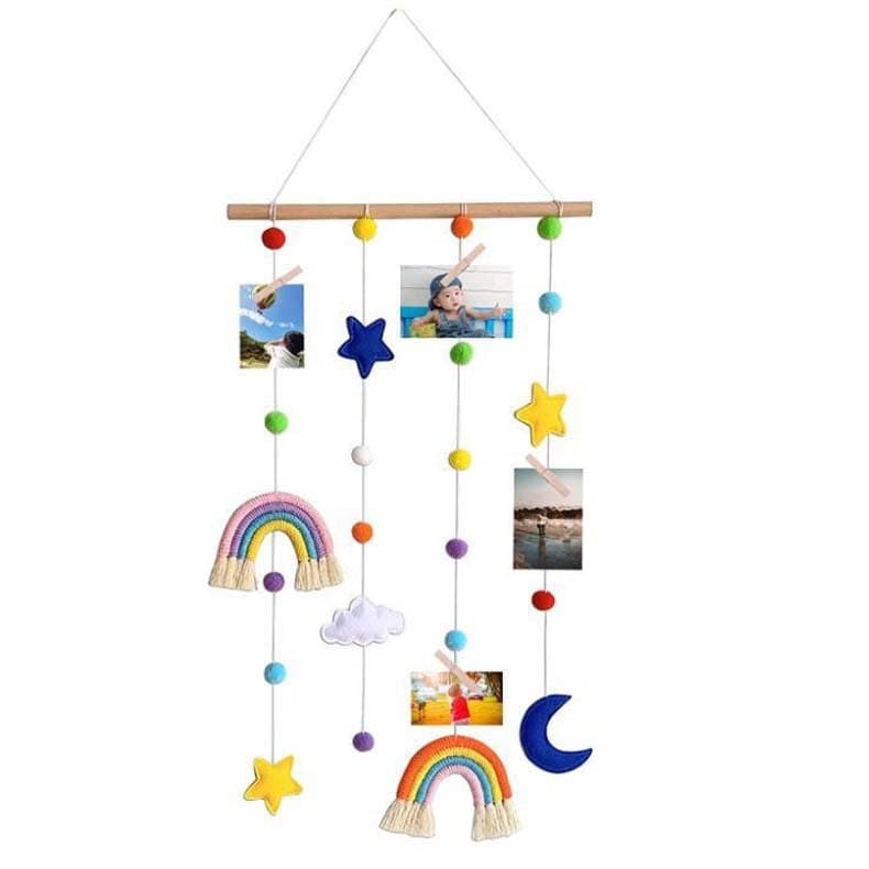 Nordic Style Wooden Stick Rainbow Star Moon Clouds Hair Ball Photo Hairpin Storage Children's Room Decoration Hanging Ornaments