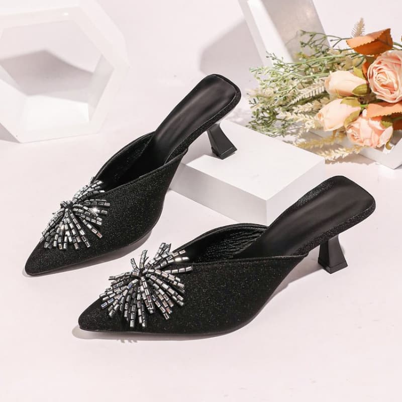 Commuting style black pointed toe mules, rhinestone fireworks decorated low heels, breathable back hollow fashion shoes