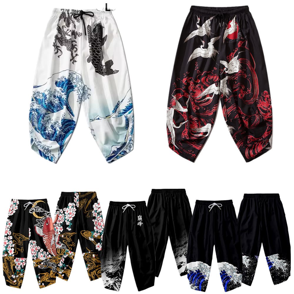 2026 New Cross-Border Chinese Trend National Style Koi Fish Harajuku Japanese Ukiyo-e Loose 7/9 Length Pants for Men