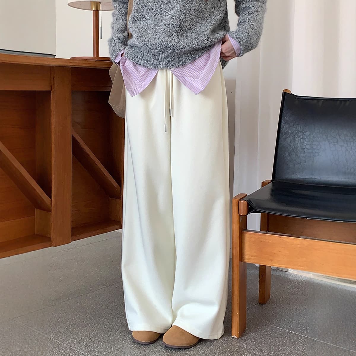 Elastic Waist Straight Casual Sweatpants Women Autumn/Winter New Loose Versatile Drape Floor-Length Pants Wide-Leg Fleece Pants