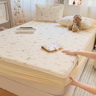New A-Class Baby-Grade Fitted Sheet, Skin-Friendly and Soft, Three-Layer Crinkled Gauze Fitted Sheet Three-Piece Set, Printed Quilted Single Fitted Sheet