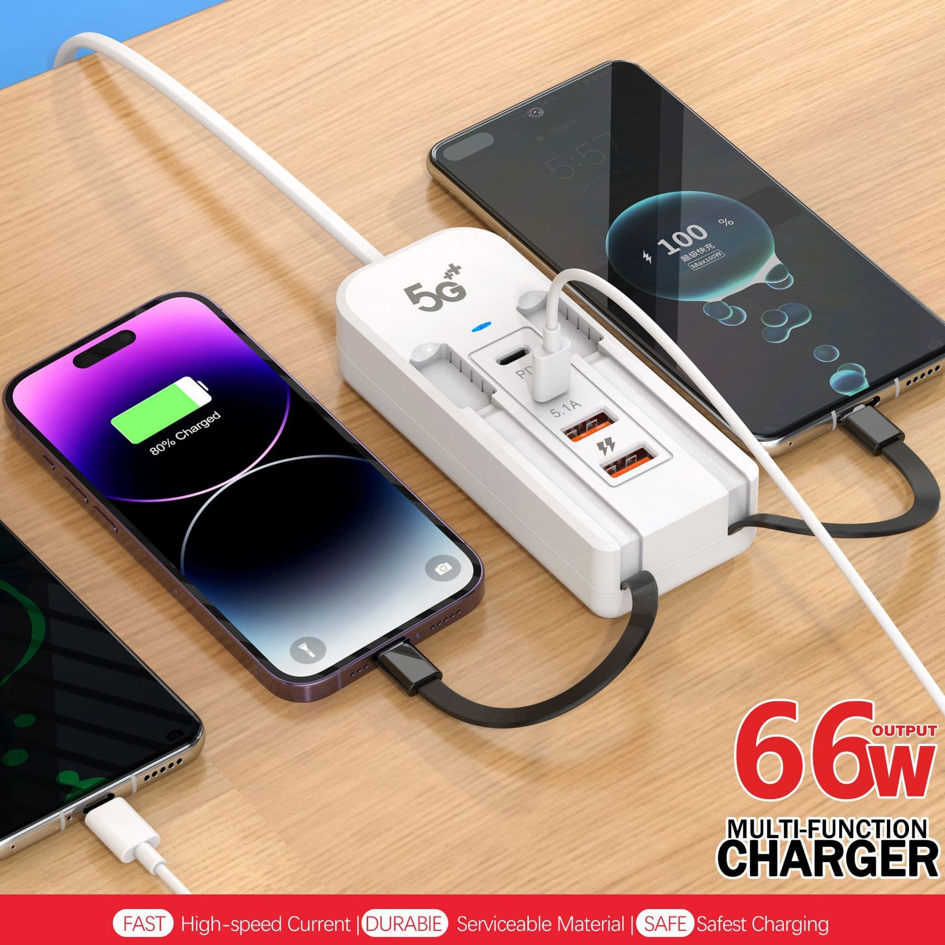 New PD Fast Charger Compatible with Apple and Android Phones, Multi-Port USB Power Strip Charger with Dual Cords, 6-in-1